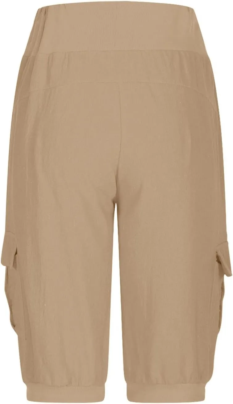 Womens Cotton Linen Capri Pants,High Waist 3/4 Length Cropped Trousers Summer Casual Bottoms Button Capris with Pockets