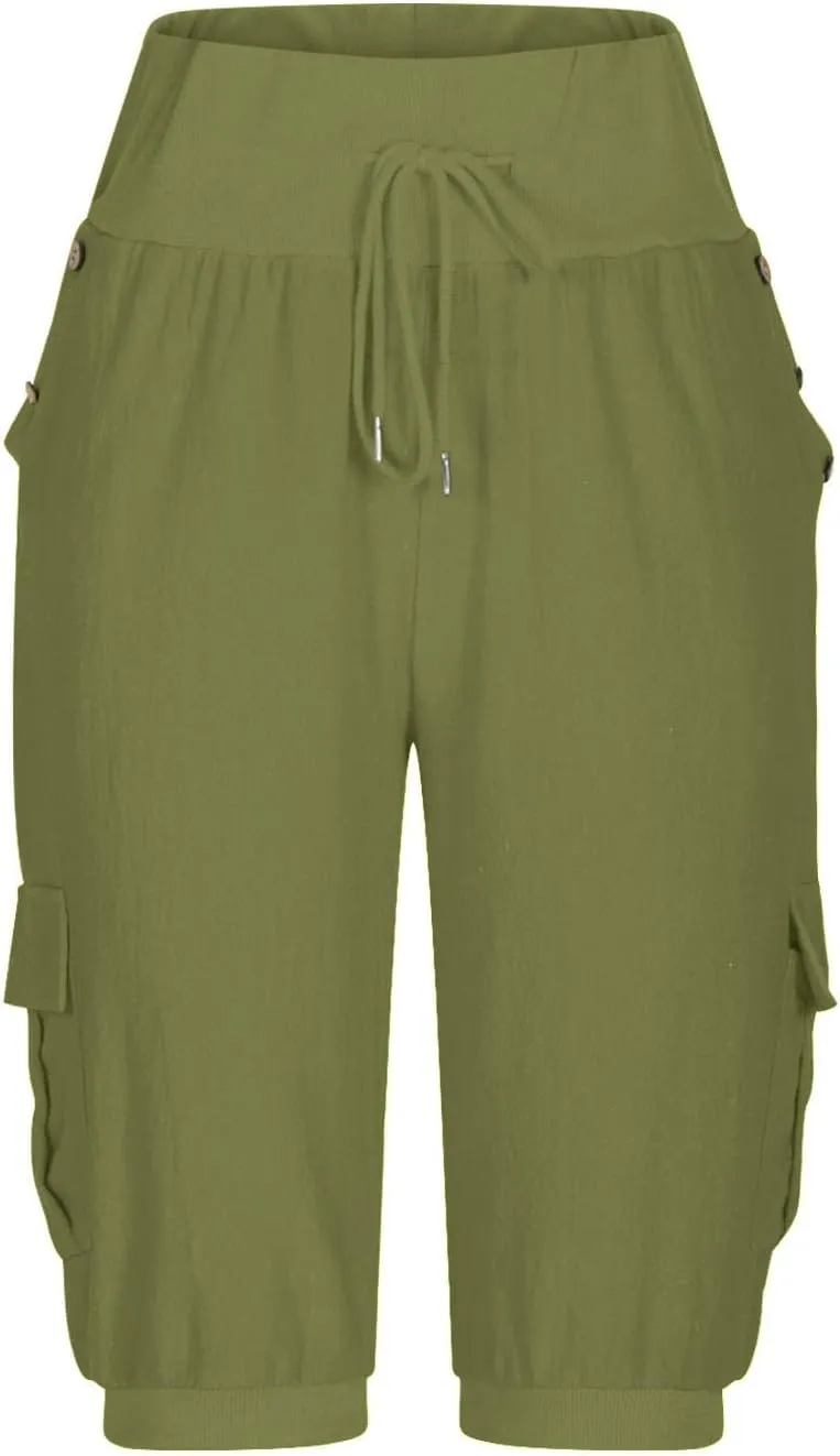 Womens Cotton Linen Capri Pants,High Waist 3/4 Length Cropped Trousers Summer Casual Bottoms Button Capris with Pockets