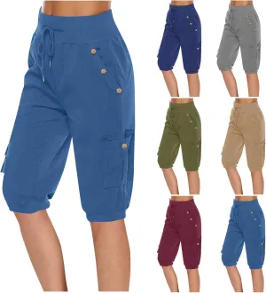 Womens Cotton Linen Capri Pants,High Waist 3/4 Length Cropped Trousers Summer Casual Bottoms Button Capris with Pockets