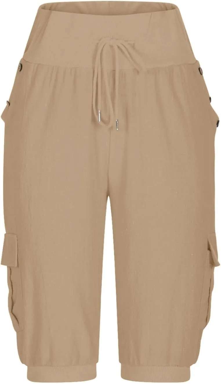Womens Cotton Linen Capri Pants,High Waist 3/4 Length Cropped Trousers Summer Casual Bottoms Button Capris with Pockets