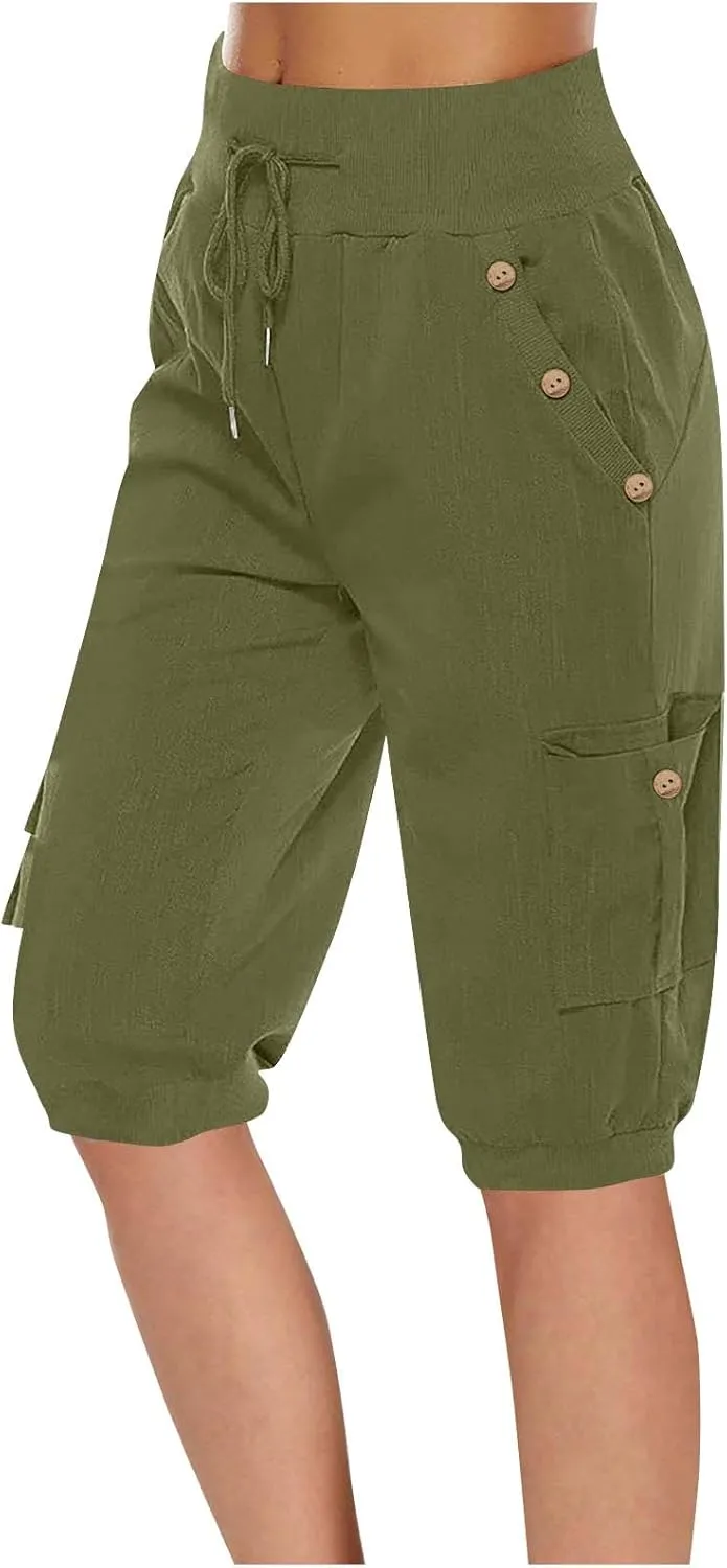 Womens Cotton Linen Capri Pants,High Waist 3/4 Length Cropped Trousers Summer Casual Bottoms Button Capris with Pockets