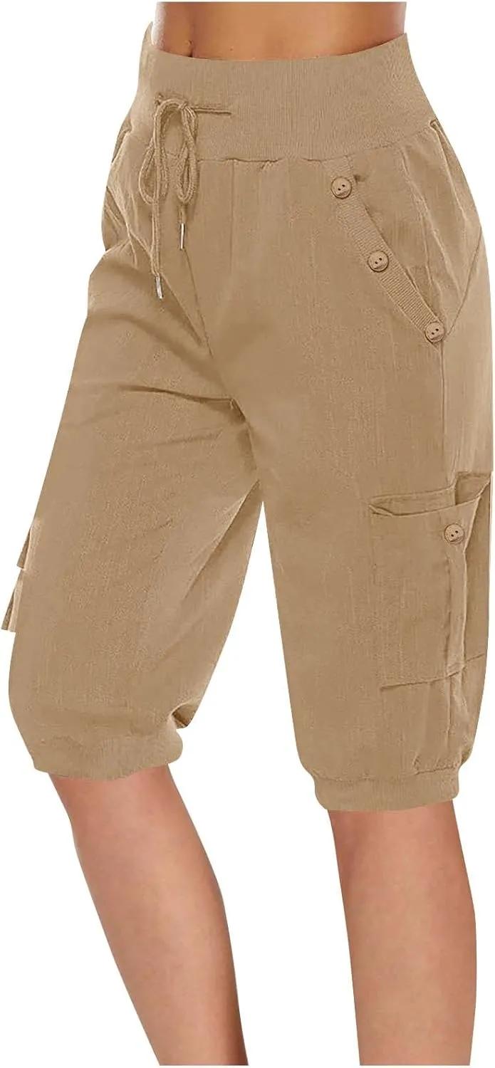 Womens Cotton Linen Capri Pants,High Waist 3/4 Length Cropped Trousers Summer Casual Bottoms Button Capris with Pockets