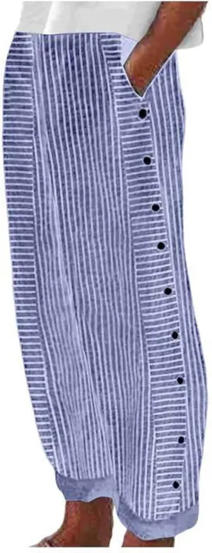 Women's Cotton Linen Pants Summer Casual Baggy Wide Leg Elastic High Waist Beach Slacks Stripe Printed Capri Trousers