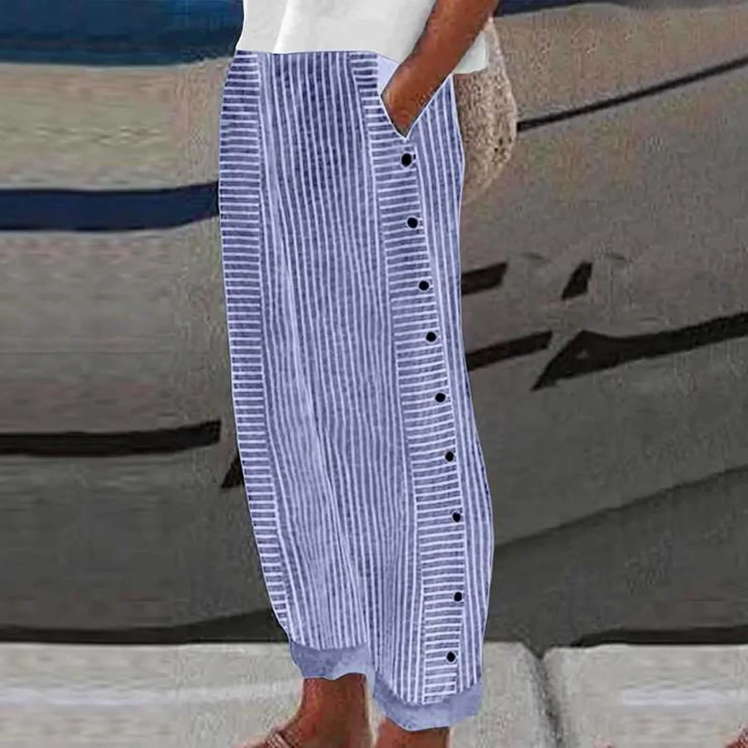 Women's Cotton Linen Pants Summer Casual Baggy Wide Leg Elastic High Waist Beach Slacks Stripe Printed Capri Trousers