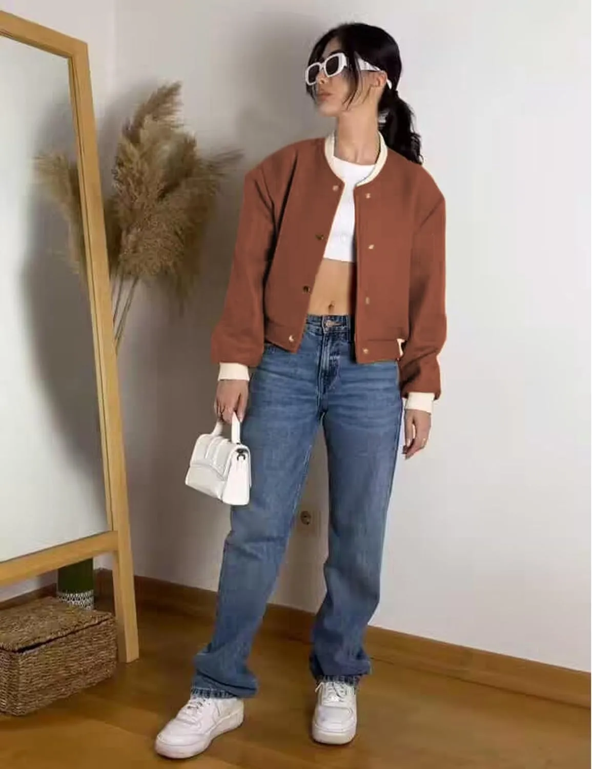 Women's Cropped Street Bomber Jacket long sleeve Button Down Crop Tops Coat