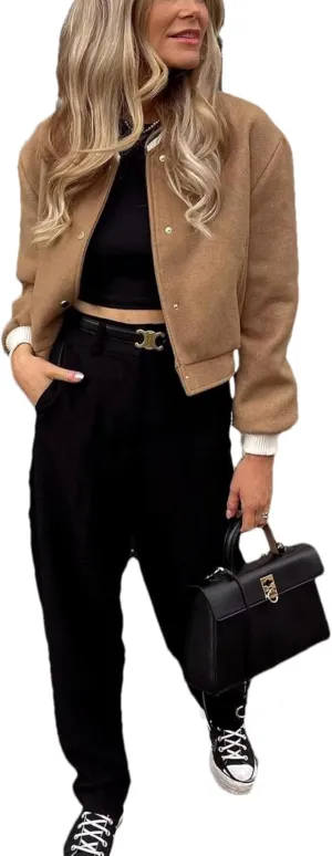Women's Cropped Street Bomber Jacket long sleeve Button Down Crop Tops Coat