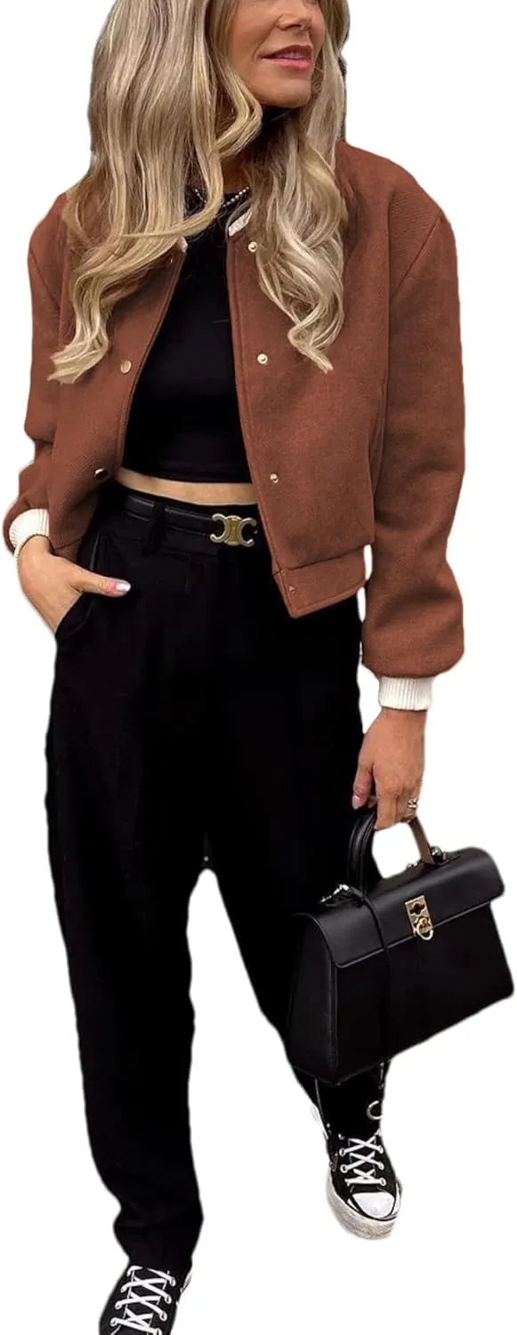 Women's Cropped Street Bomber Jacket long sleeve Button Down Crop Tops Coat