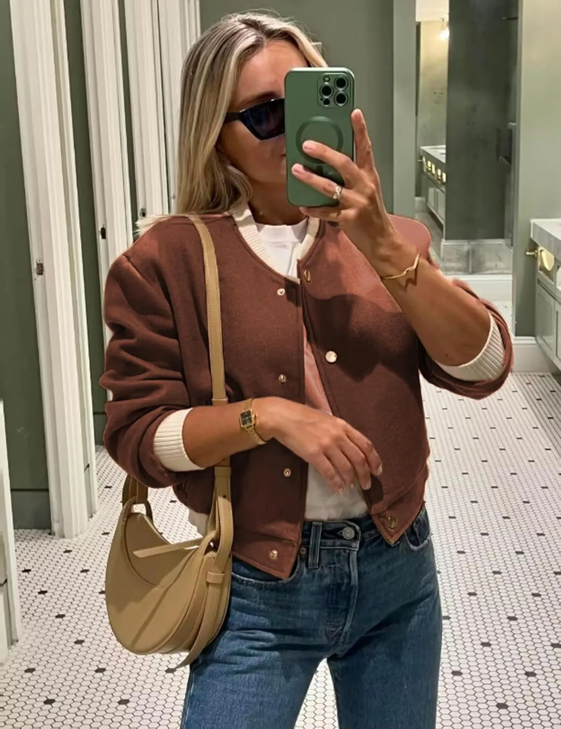 Women's Cropped Street Bomber Jacket long sleeve Button Down Crop Tops Coat