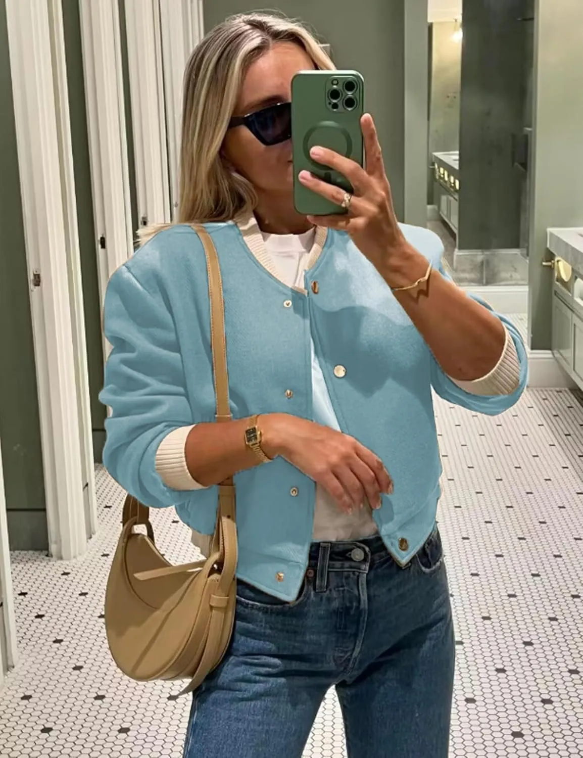 Women's Cropped Street Bomber Jacket long sleeve Button Down Crop Tops Coat