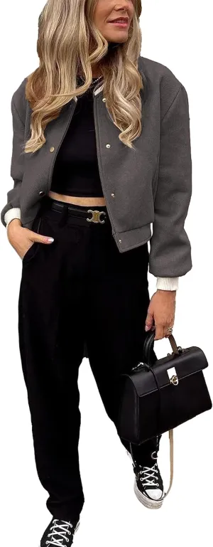 Women's Cropped Street Bomber Jacket long sleeve Button Down Crop Tops Coat