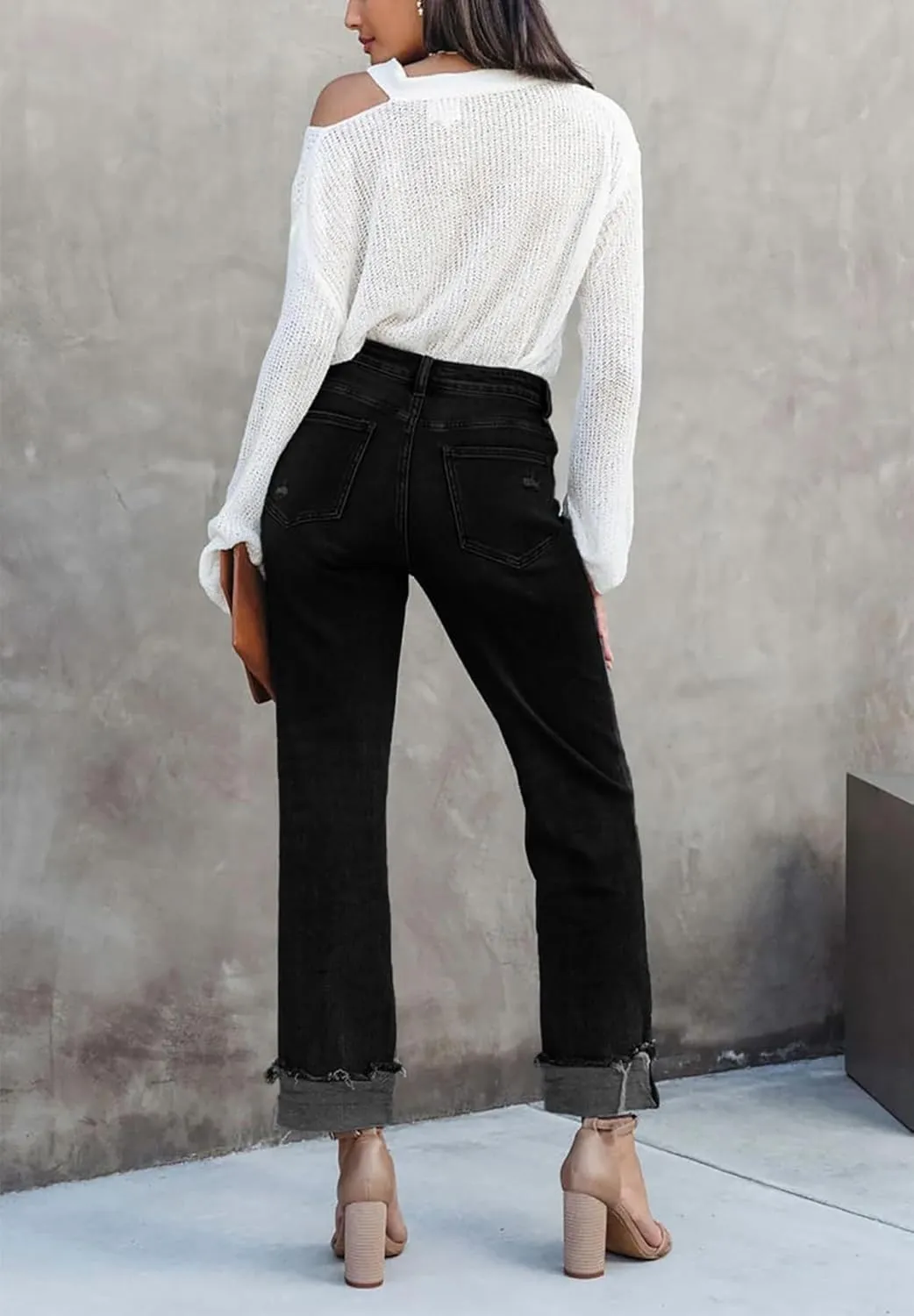 Womens Denim Cargo Pants Flap Pocket High Waisted Stretchy Straight Wide Leg Jeans