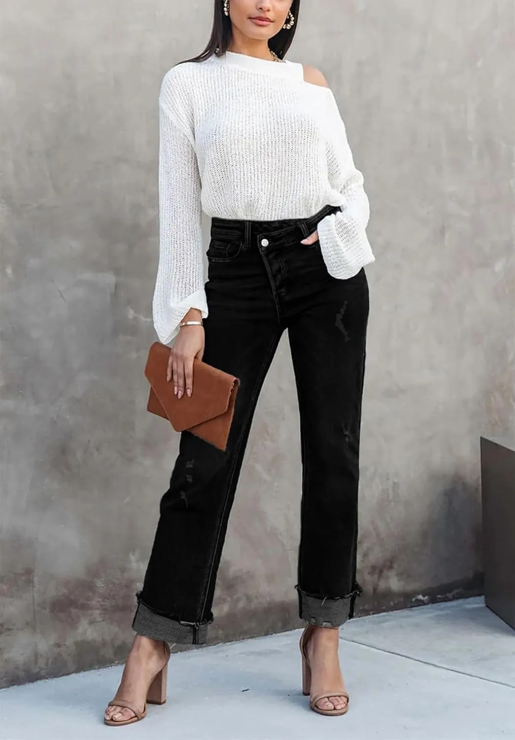 Womens Denim Cargo Pants Flap Pocket High Waisted Stretchy Straight Wide Leg Jeans