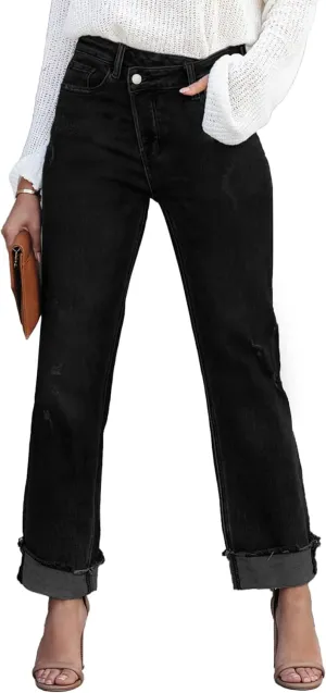 Womens Denim Cargo Pants Flap Pocket High Waisted Stretchy Straight Wide Leg Jeans