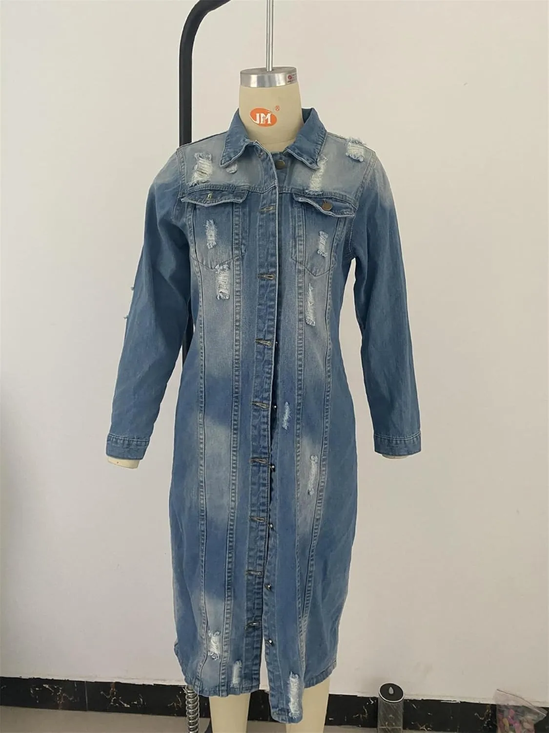 Women's Distressed Jean Jacket Ripped Hole Over Knee Midi Long Denim Jacket Button Down Maxi Trench Coat Outwear