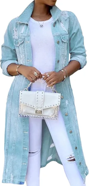 Women's Distressed Jean Jacket Ripped Hole Over Knee Midi Long Denim Jacket Button Down Maxi Trench Coat Outwear