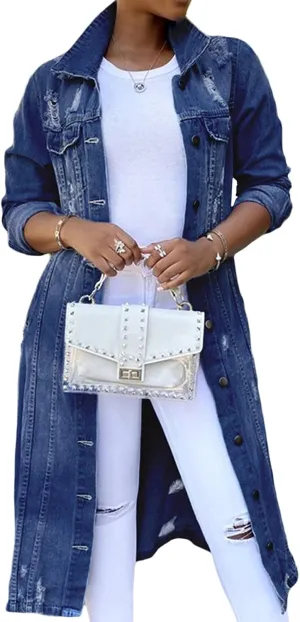 Women's Distressed Jean Jacket Ripped Hole Over Knee Midi Long Denim Jacket Button Down Maxi Trench Coat Outwear