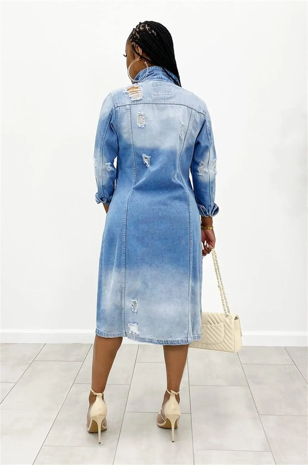 Women's Distressed Jean Jacket Ripped Hole Over Knee Midi Long Denim Jacket Button Down Maxi Trench Coat Outwear