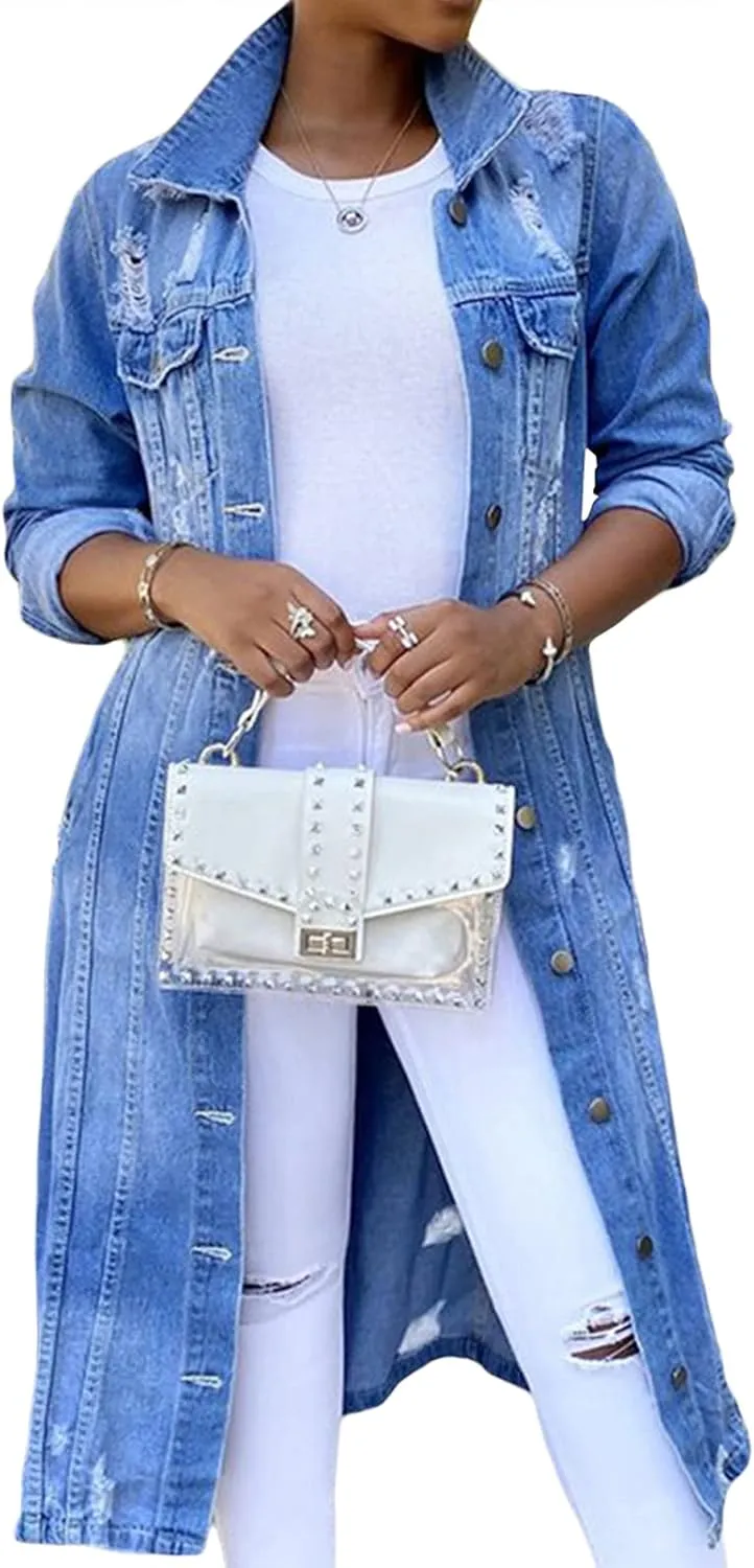 Women's Distressed Jean Jacket Ripped Hole Over Knee Midi Long Denim Jacket Button Down Maxi Trench Coat Outwear