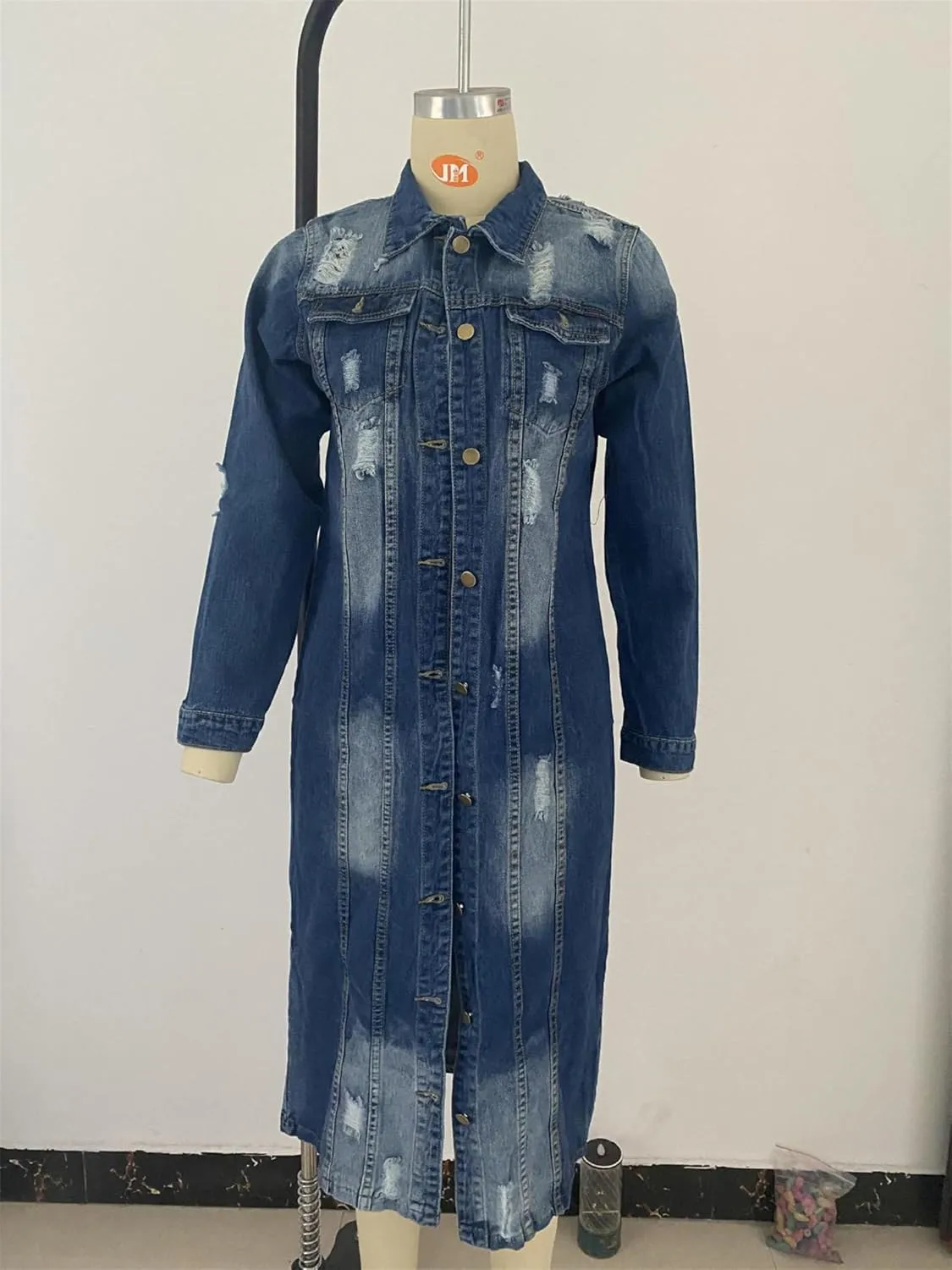 Women's Distressed Jean Jacket Ripped Hole Over Knee Midi Long Denim Jacket Button Down Maxi Trench Coat Outwear