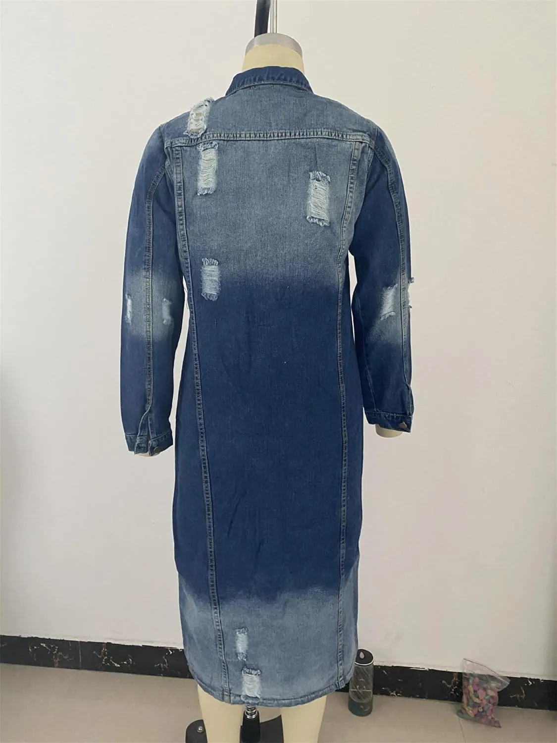 Women's Distressed Jean Jacket Ripped Hole Over Knee Midi Long Denim Jacket Button Down Maxi Trench Coat Outwear