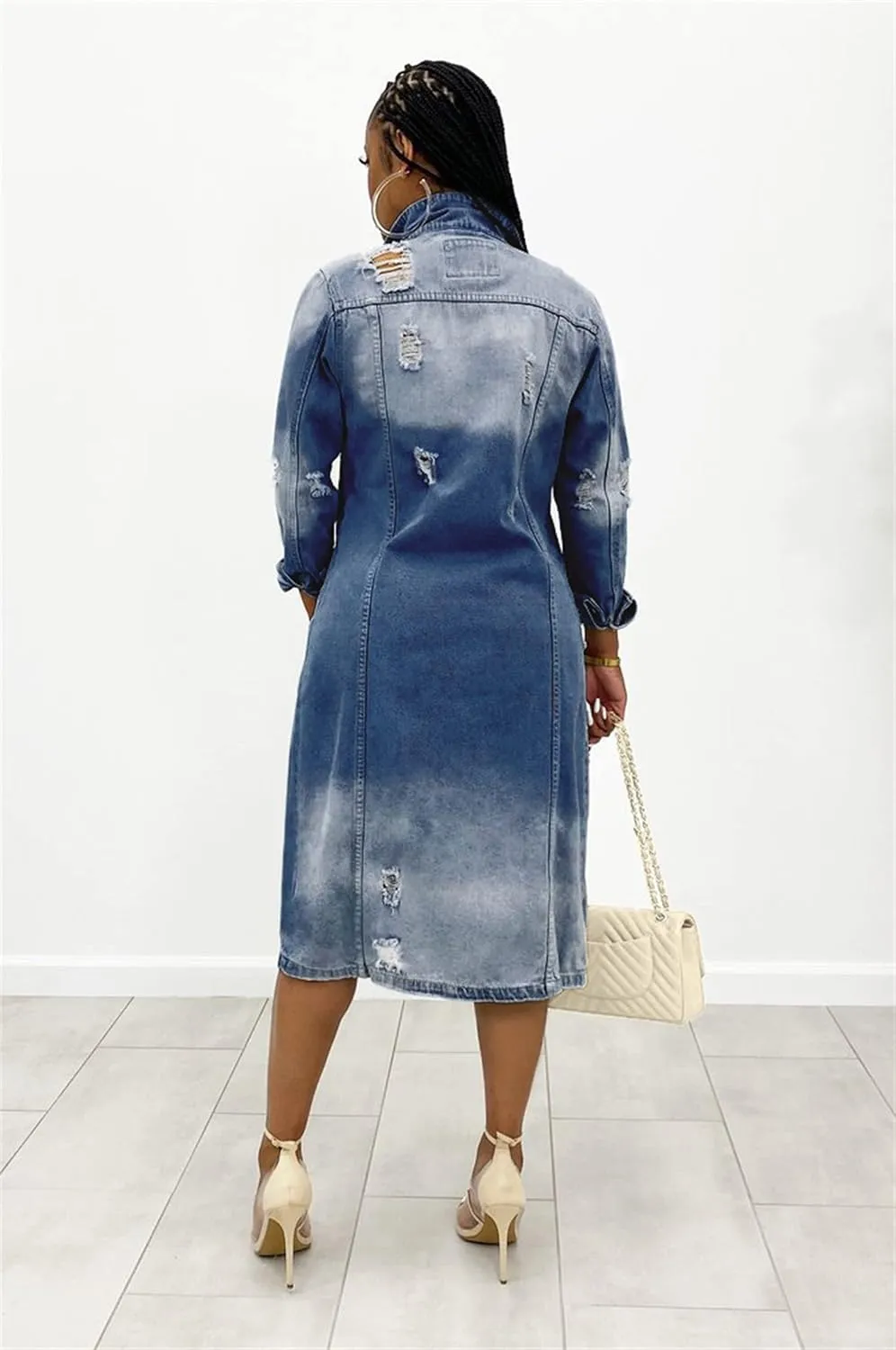 Women's Distressed Jean Jacket Ripped Hole Over Knee Midi Long Denim Jacket Button Down Maxi Trench Coat Outwear