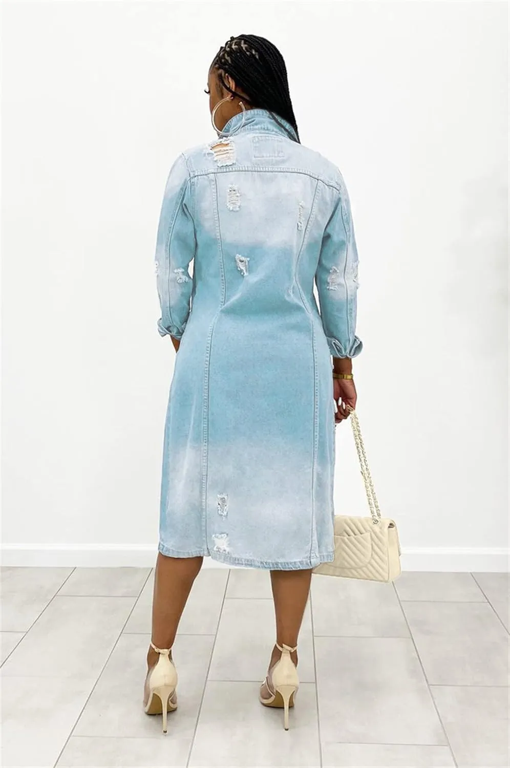 Women's Distressed Jean Jacket Ripped Hole Over Knee Midi Long Denim Jacket Button Down Maxi Trench Coat Outwear