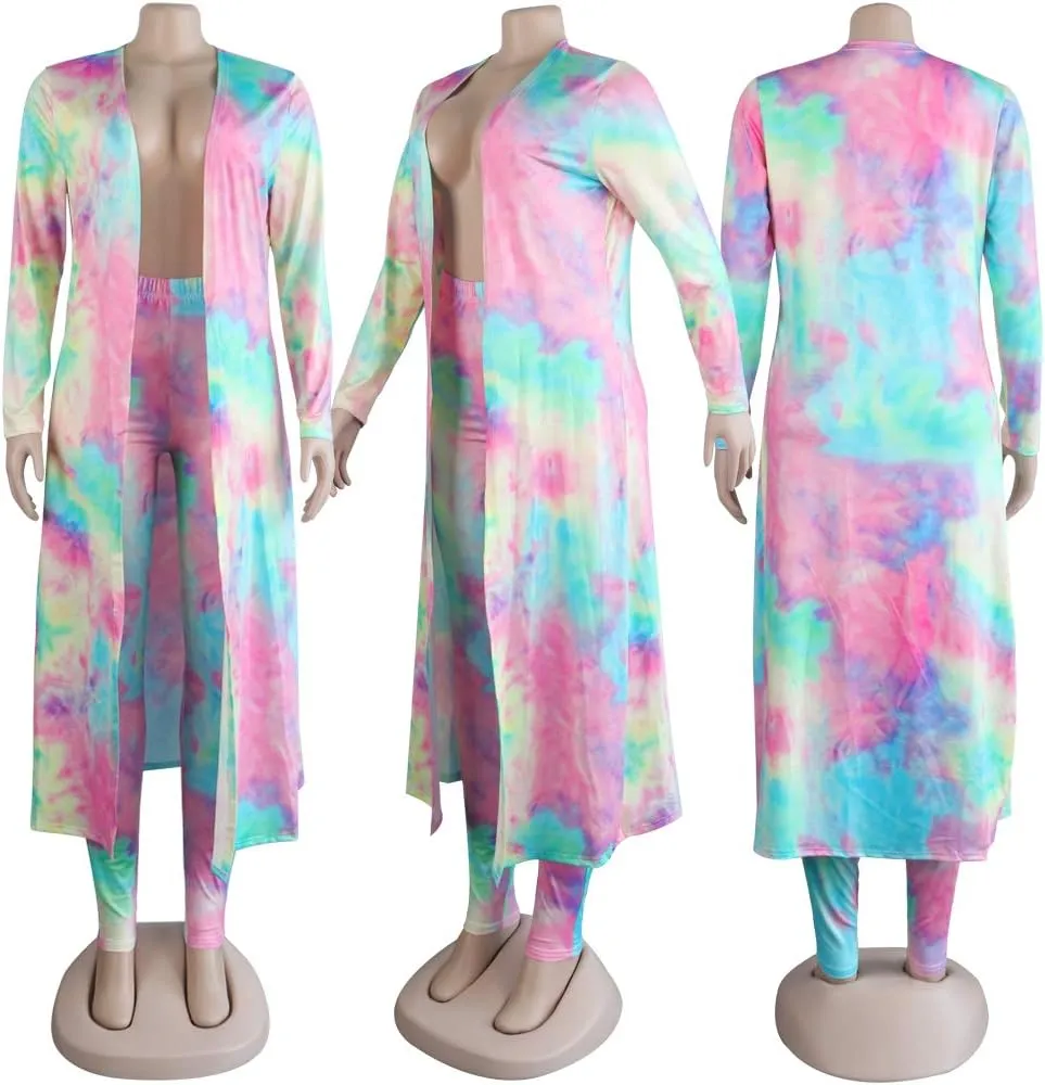 Womens Fashion Printed Long Cardigans 2 Piece Outfits,Long Sleeve Coat and Trousers Set