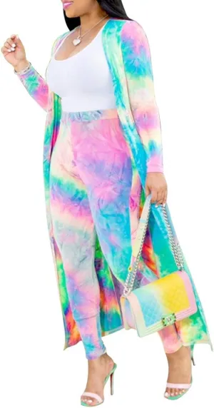 Womens Fashion Printed Long Cardigans 2 Piece Outfits,Long Sleeve Coat and Trousers Set