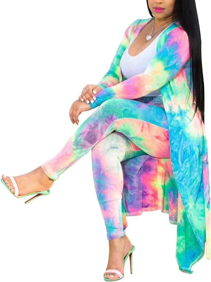 Womens Fashion Printed Long Cardigans 2 Piece Outfits,Long Sleeve Coat and Trousers Set