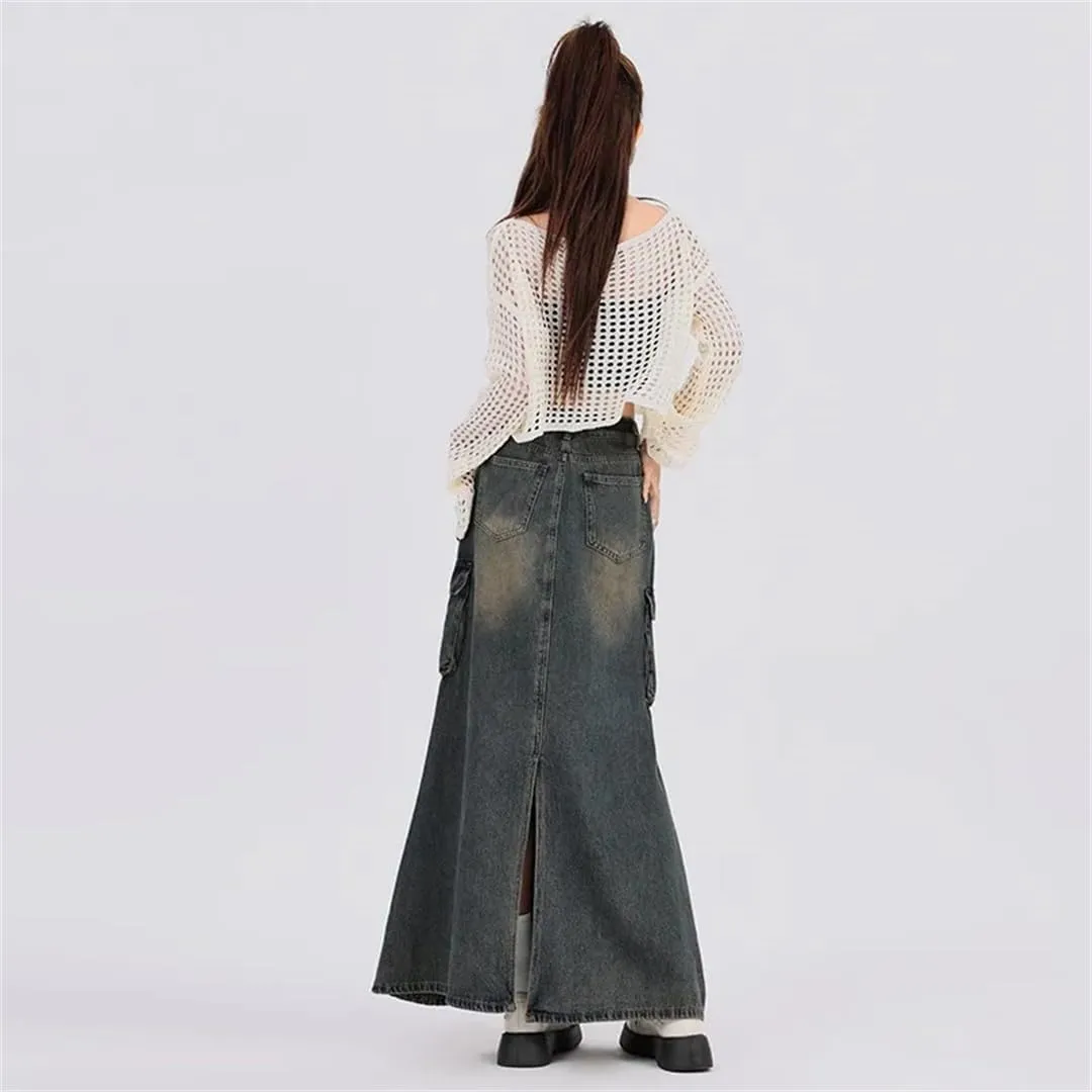 Women's Fishtail Pleated Denim Skirt Split High Waisted Skirt