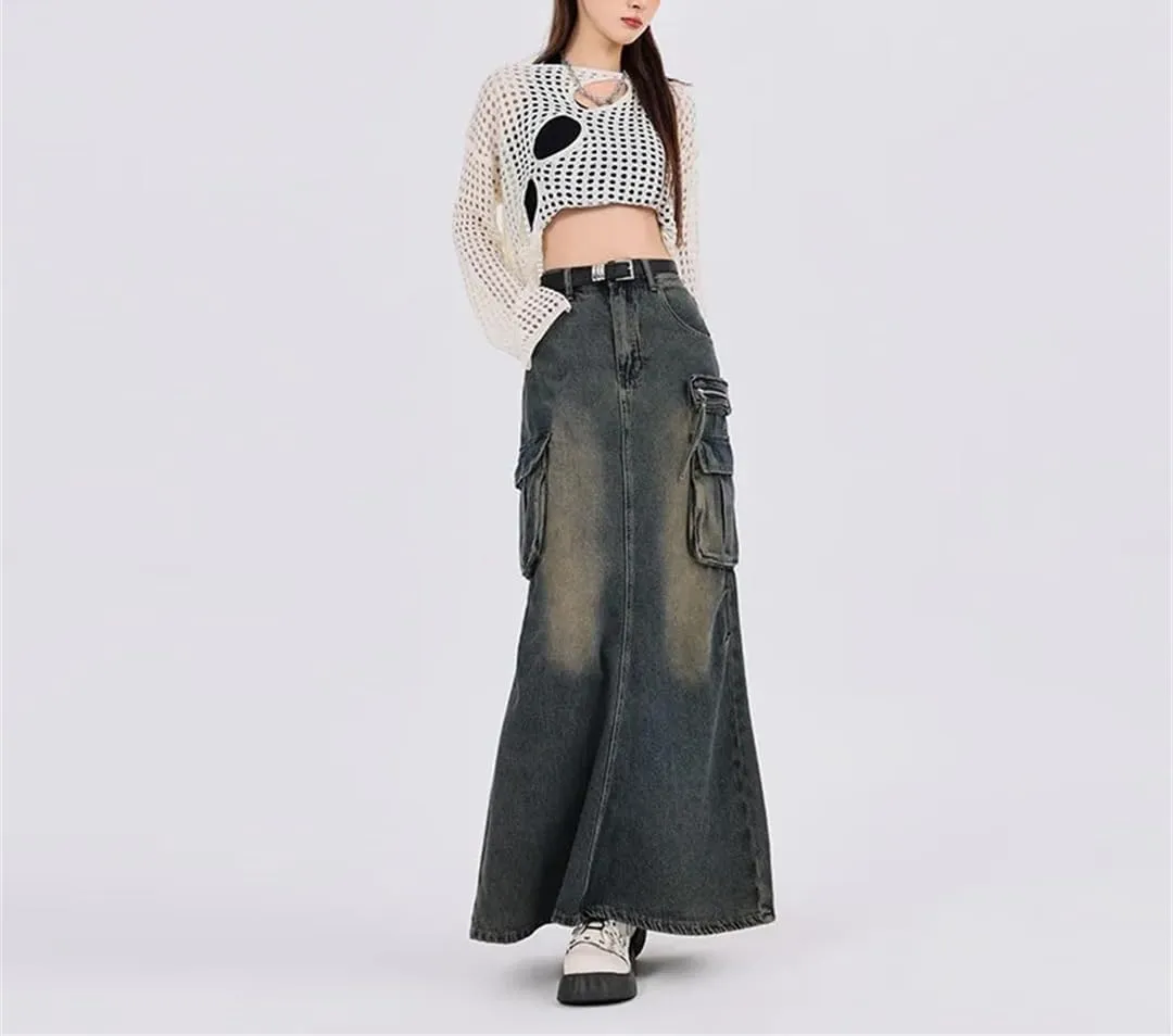 Women's Fishtail Pleated Denim Skirt Split High Waisted Skirt
