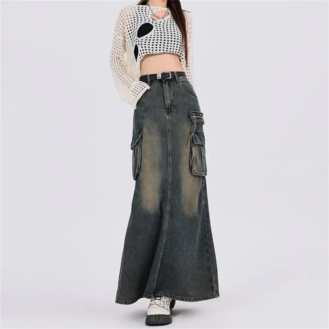 Women's Fishtail Pleated Denim Skirt Split High Waisted Skirt