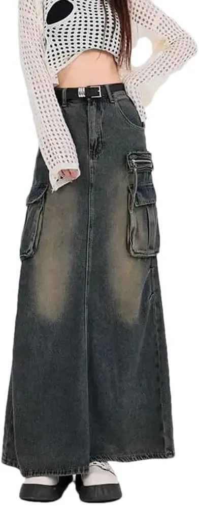 Women's Fishtail Pleated Denim Skirt Split High Waisted Skirt