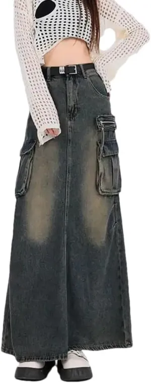 Women's Fishtail Pleated Denim Skirt Split High Waisted Skirt
