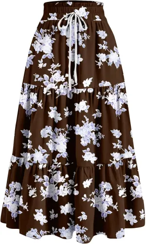 Womens Floral Midi Skirt Trendy Tiered Flowy Long High Waisted Skirts Summer Boho Beach Spring Renaissance Skirt