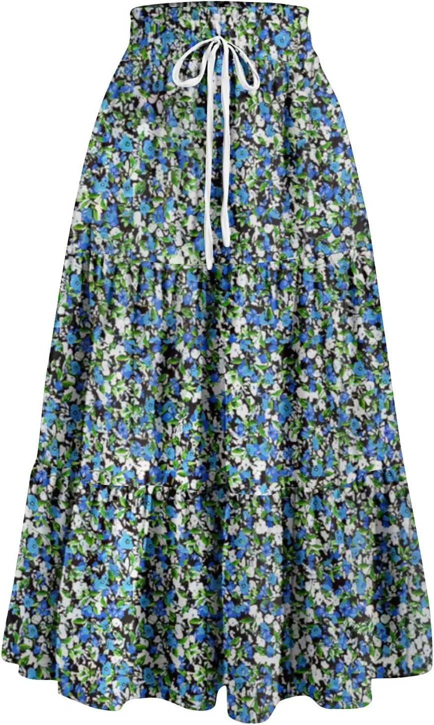 Womens Floral Midi Skirt Trendy Tiered Flowy Long High Waisted Skirts Summer Boho Beach Spring Renaissance Skirt