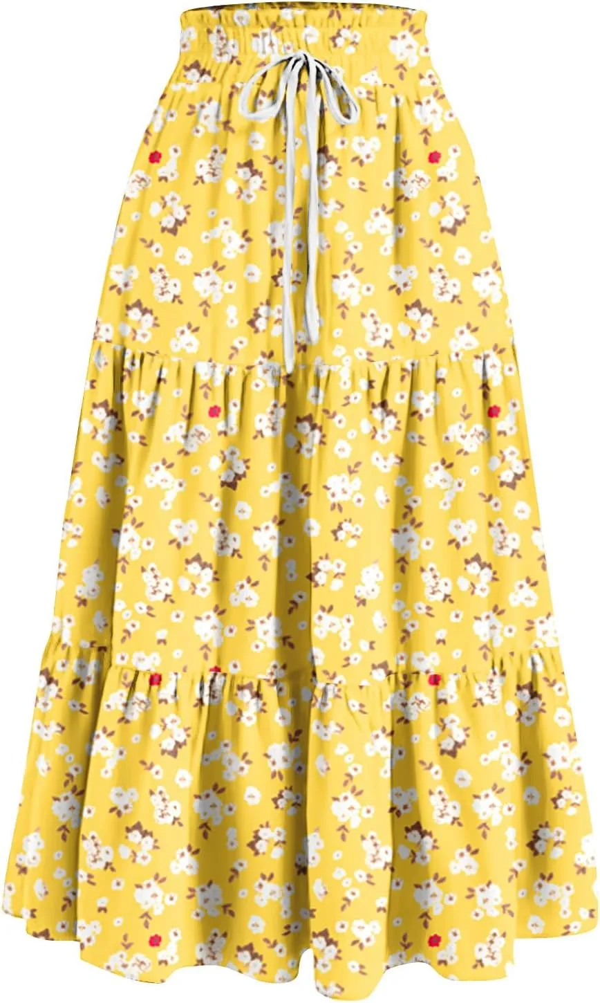 Womens Floral Midi Skirt Trendy Tiered Flowy Long High Waisted Skirts Summer Boho Beach Spring Renaissance Skirt