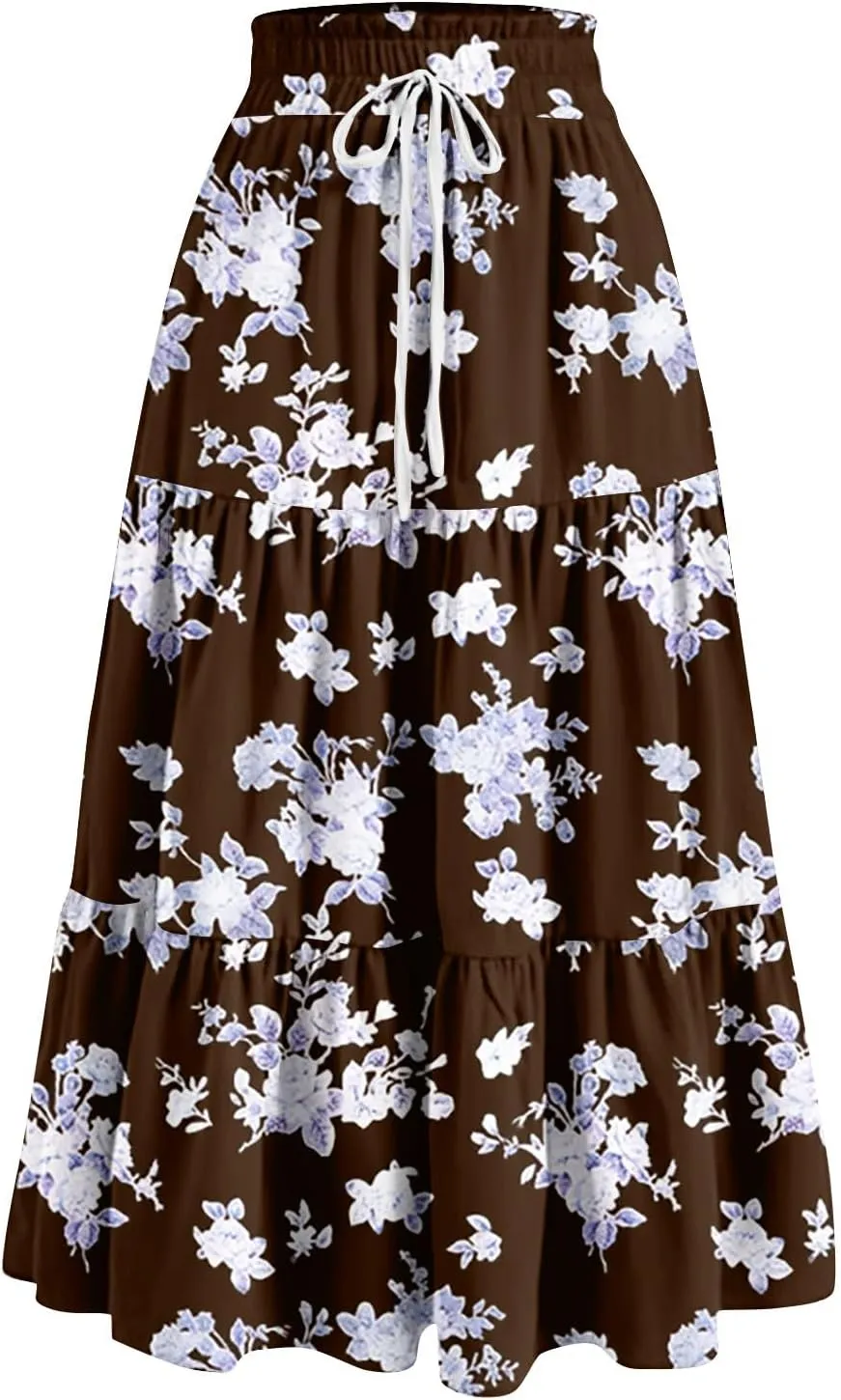Womens Floral Midi Skirt Trendy Tiered Flowy Long High Waisted Skirts Summer Boho Beach Spring Renaissance Skirt