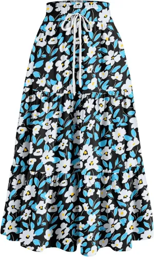 Womens Floral Midi Skirt Trendy Tiered Flowy Long High Waisted Skirts Summer Boho Beach Spring Renaissance Skirt