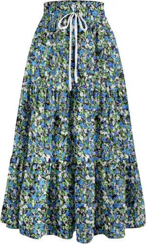 Womens Floral Midi Skirt Trendy Tiered Flowy Long High Waisted Skirts Summer Boho Beach Spring Renaissance Skirt