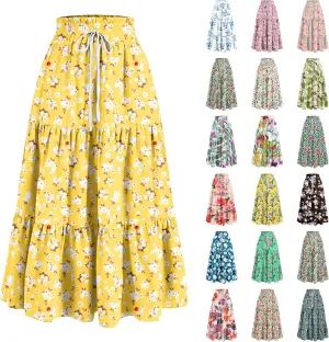 Womens Floral Midi Skirt Trendy Tiered Flowy Long High Waisted Skirts Summer Boho Beach Spring Renaissance Skirt