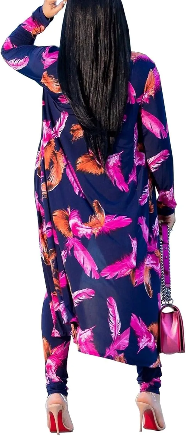 Womens Floral Print Long Sleeve Cardigan Cover up Long Pants 2 Piece Outfits Set