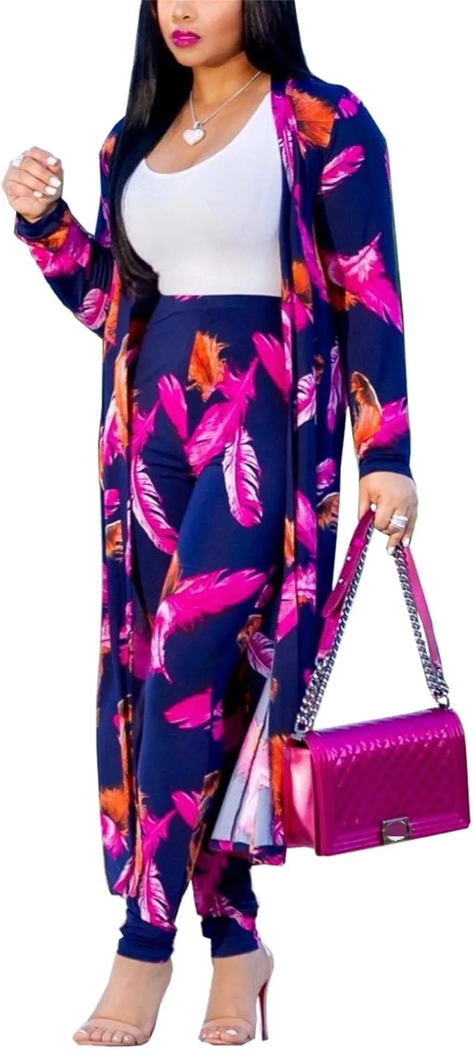Womens Floral Print Long Sleeve Cardigan Cover up Long Pants 2 Piece Outfits Set