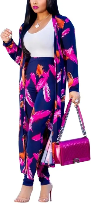 Womens Floral Print Long Sleeve Cardigan Cover up Long Pants 2 Piece Outfits Set
