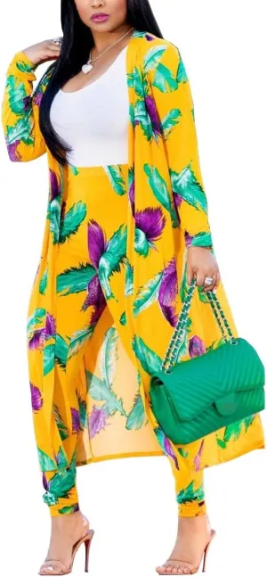 Womens Floral Print Long Sleeve Cardigan Cover up Long Pants 2 Piece Outfits Set