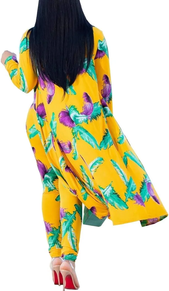 Womens Floral Print Long Sleeve Cardigan Cover up Long Pants 2 Piece Outfits Set