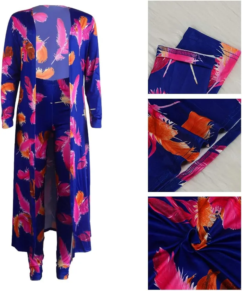 Womens Floral Print Long Sleeve Cardigan Cover up Long Pants 2 Piece Outfits Set