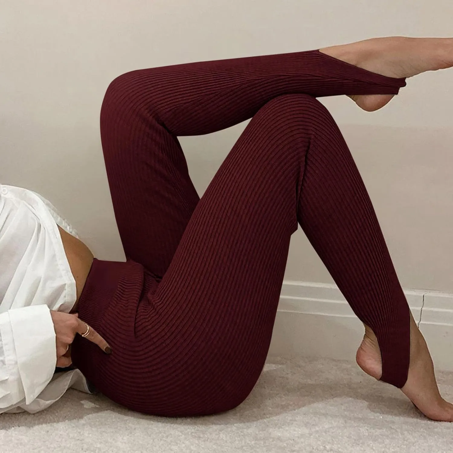 Women's High Waist Knit Yoga Stirrup Leggings Trendy Tummy Control Stretch Gym Trouser Workout Running Tights Pants