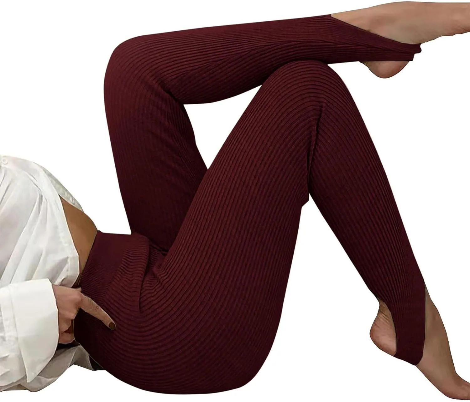 Women's High Waist Knit Yoga Stirrup Leggings Trendy Tummy Control Stretch Gym Trouser Workout Running Tights Pants