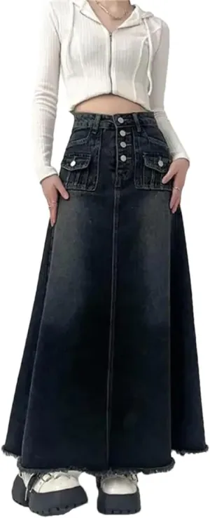 Women's High-Waisted Cargo Denim Skirt Long A-Line Retro Raw Edge Mid-Length Skirt